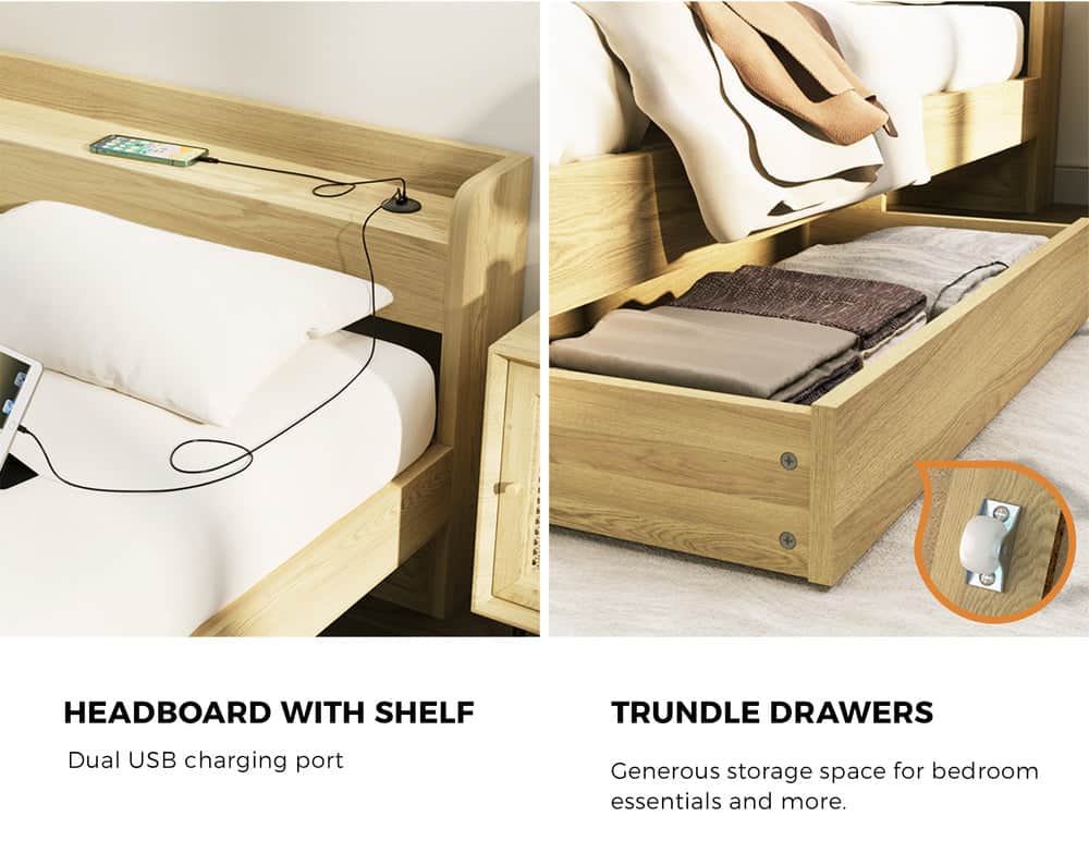 Double/Queen/King Wooden Bed Frame With Charging Ports And 2 Drawers Bedroom Furniture