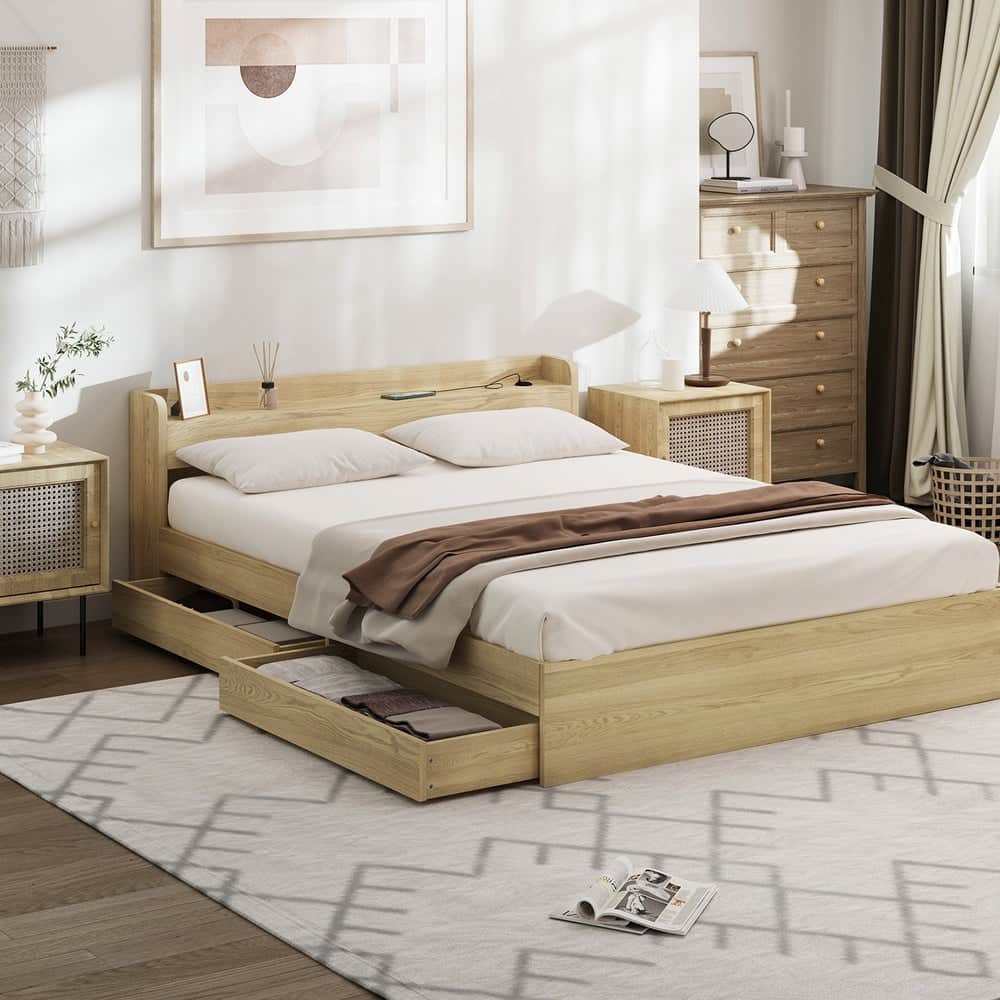 Double/Queen/King Wooden Bed Frame With Charging Ports And 2 Drawers Bedroom Furniture