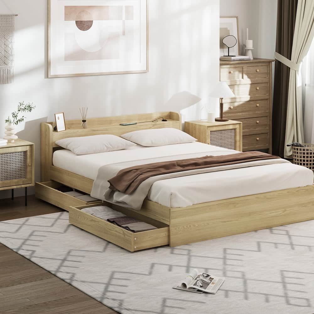 Double/Queen/King Wooden Bed Frame With Charging Ports And 2 Drawers Bedroom Furniture