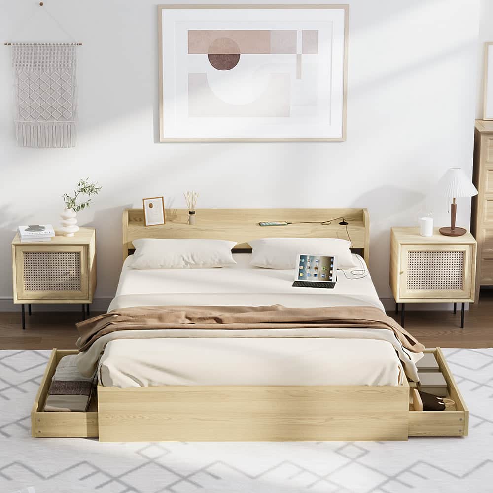 Double/Queen/King Wooden Bed Frame With Charging Ports And 2 Drawers Bedroom Furniture