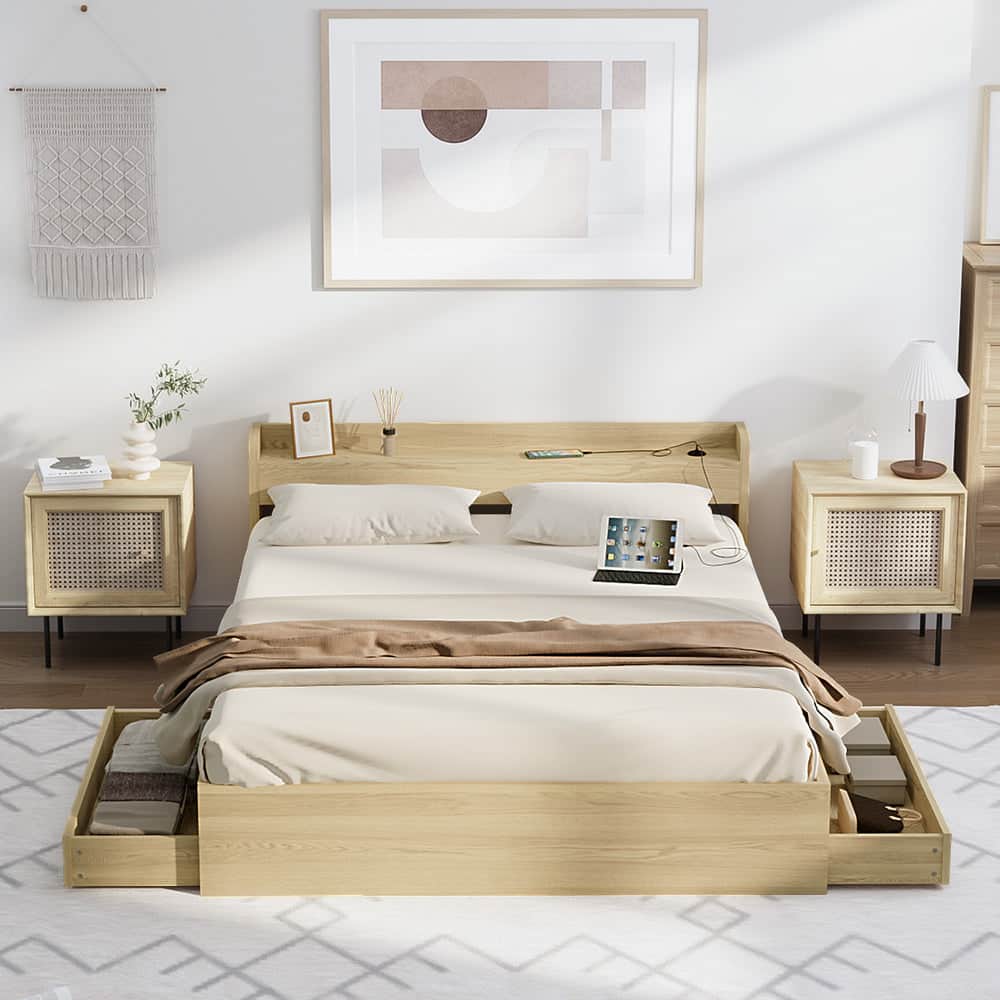 Double/Queen/King Wooden Bed Frame With Charging Ports And 2 Drawers Bedroom Furniture
