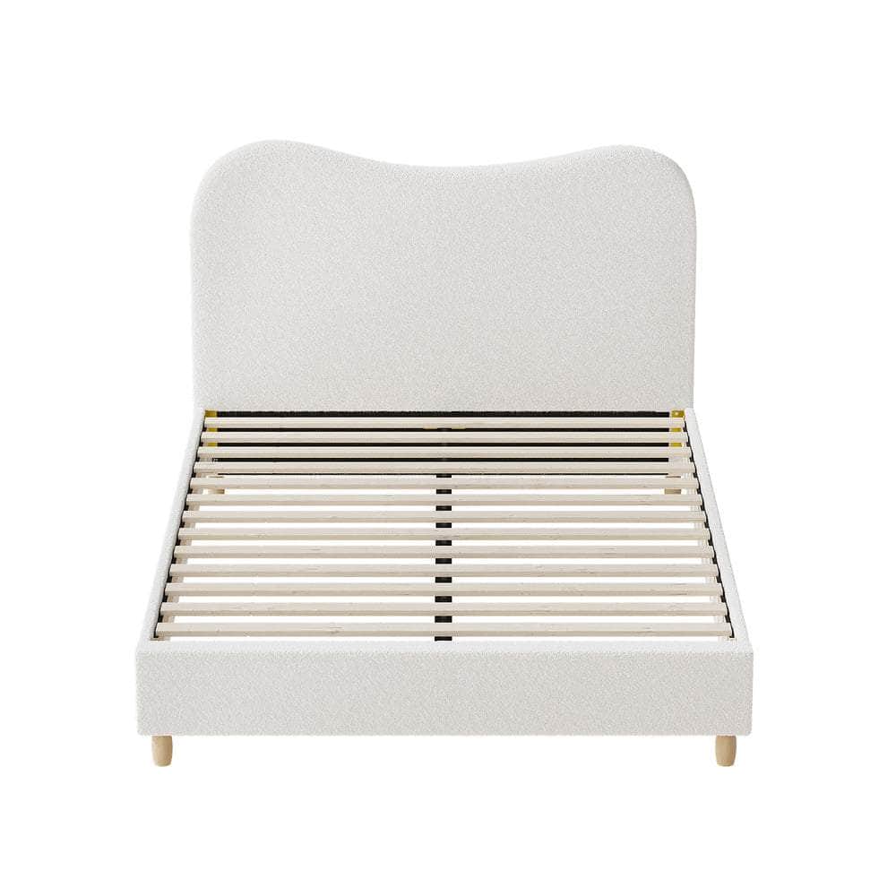 Double Size Bed Frame White Boucle Upholstered Cloud Shape Headboard