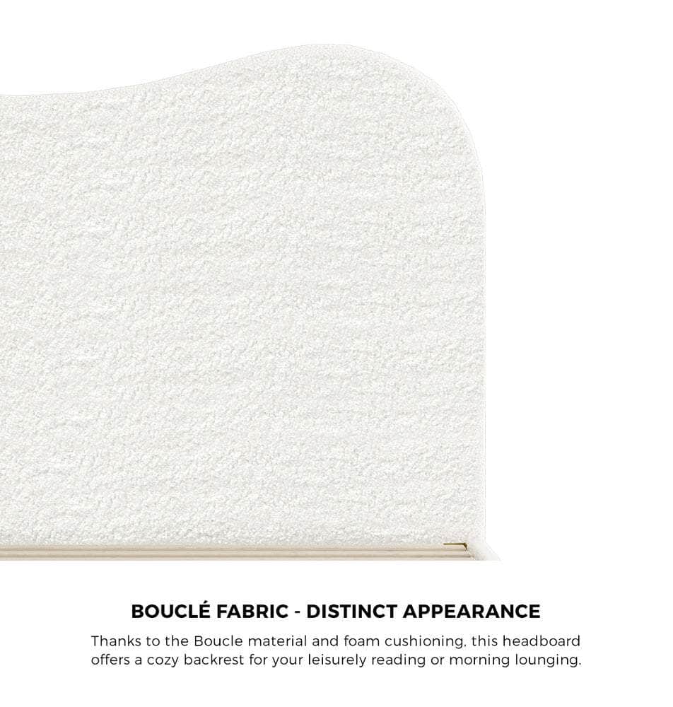 Double Size Bed Frame White Boucle Upholstered Cloud Shape Headboard
