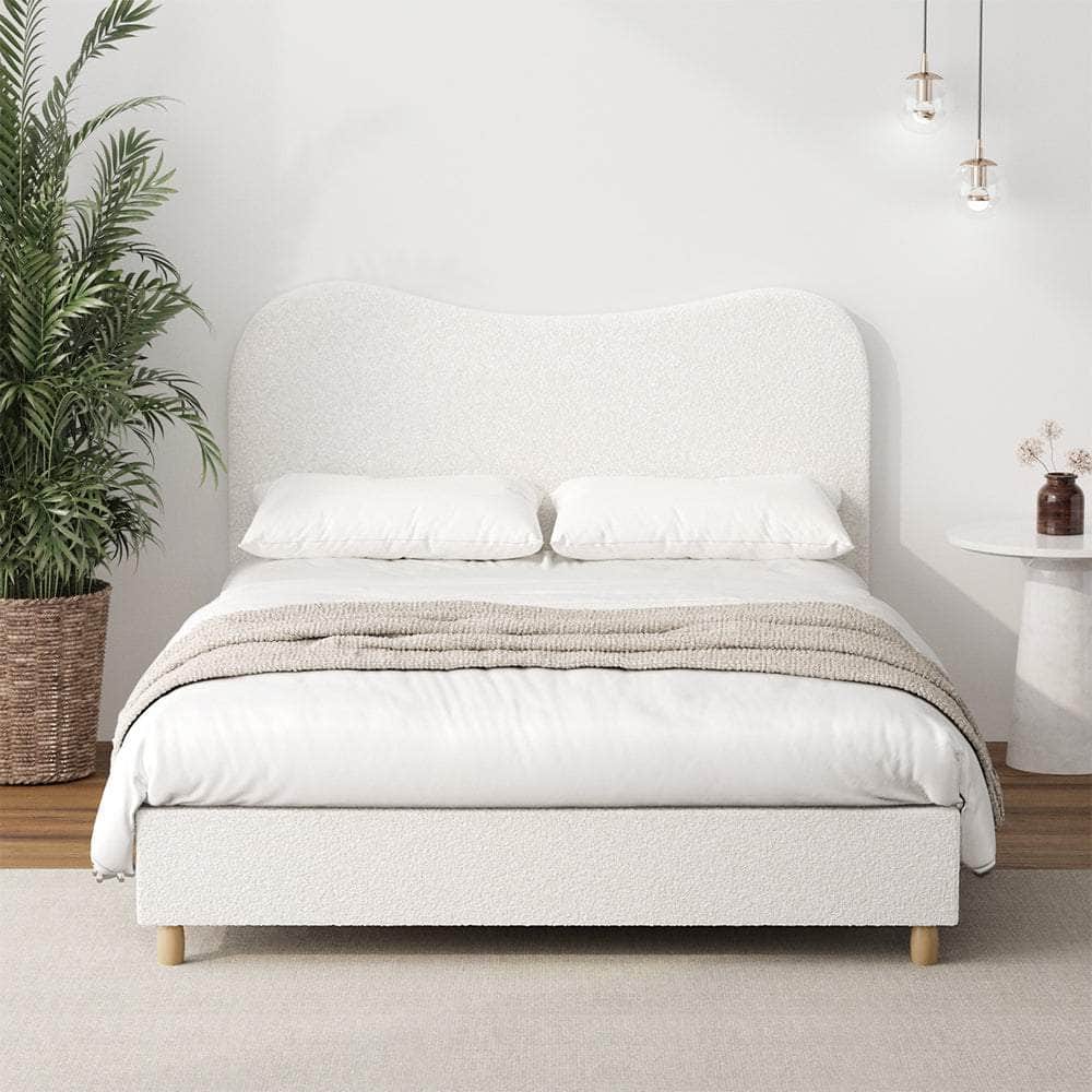 Double Size Bed Frame White Boucle Upholstered Cloud Shape Headboard
