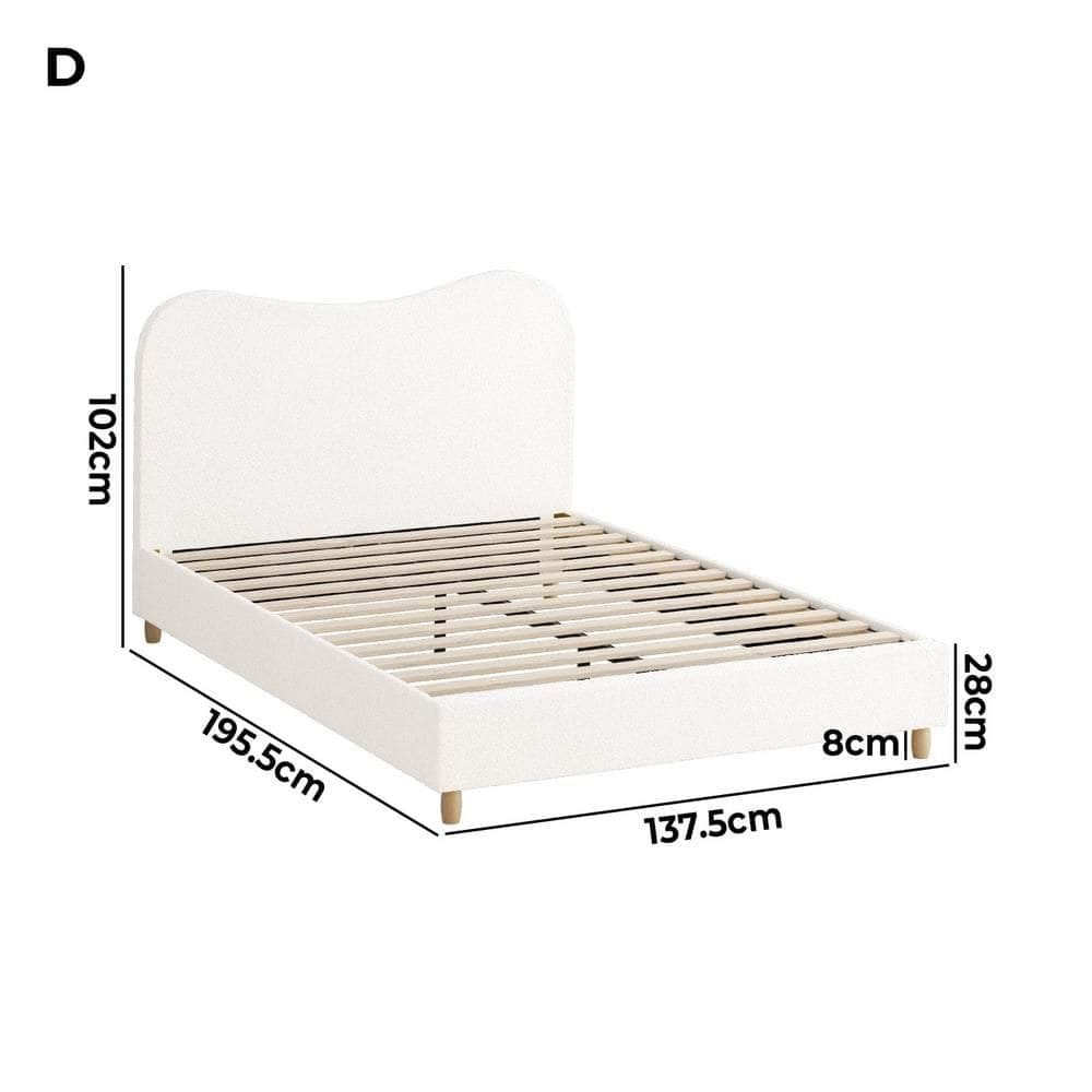 Double Size Bed Frame White Boucle Upholstered Cloud Shape Headboard