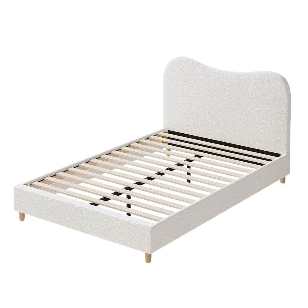 Double Size Bed Frame White Boucle Upholstered Cloud Shape Headboard