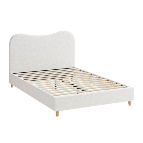 Double Size Bed Frame White Boucle Upholstered Cloud Shape Headboard