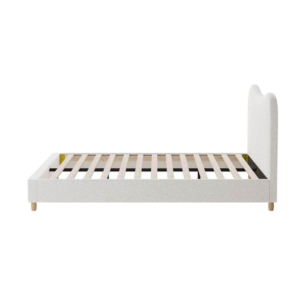 Double Size Bed Frame White Boucle Upholstered Cloud Shape Headboard
