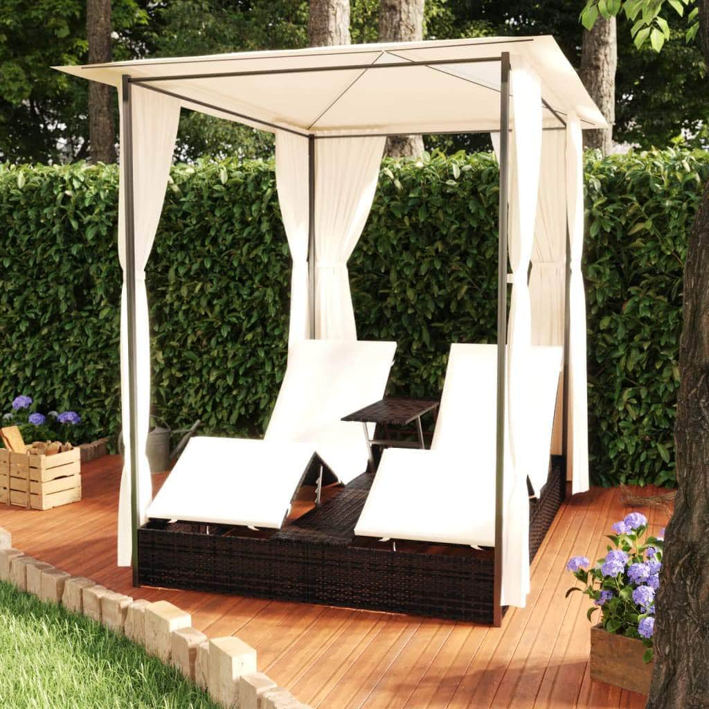 Double Sun Lounger with Curtains Poly Rattan Brown