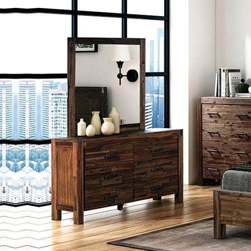 Dresser With 6 Storage Drawers In Solid Acacia & Veneer With Mirror
