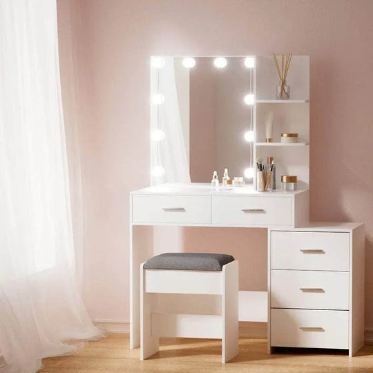 White Dressing Table Set with Stool and 10 LED Bulbs Vanity