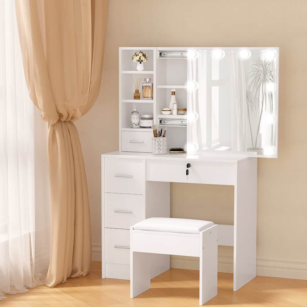 Dressing Table Set Stool 10 Led Bulbs White Dylan