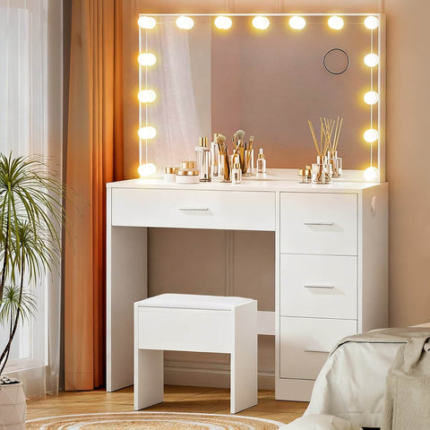 Dressing Table Set Stool 15 Led Bulbs White Darcy