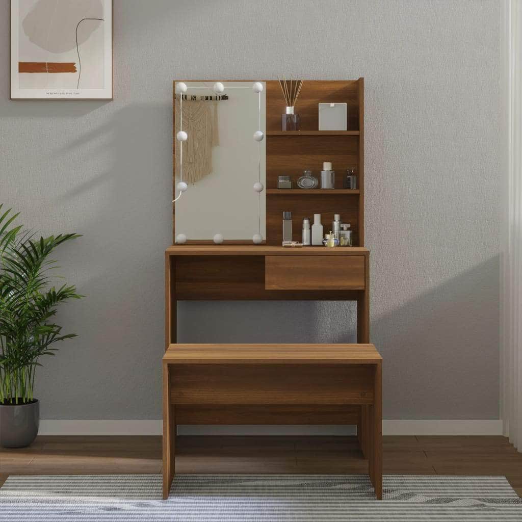 Dressing Table Set with LED Oak Engineered Wood