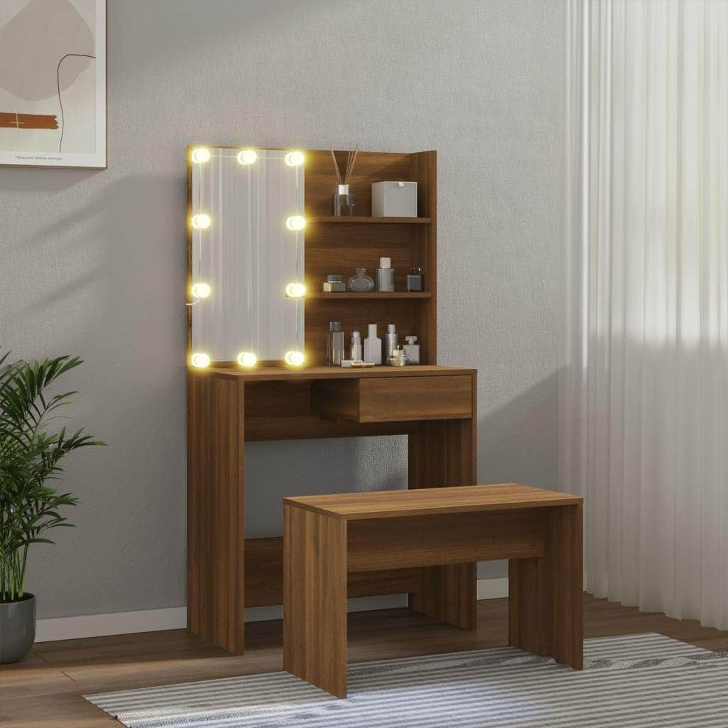 Dressing Table Set with LED Oak Engineered Wood