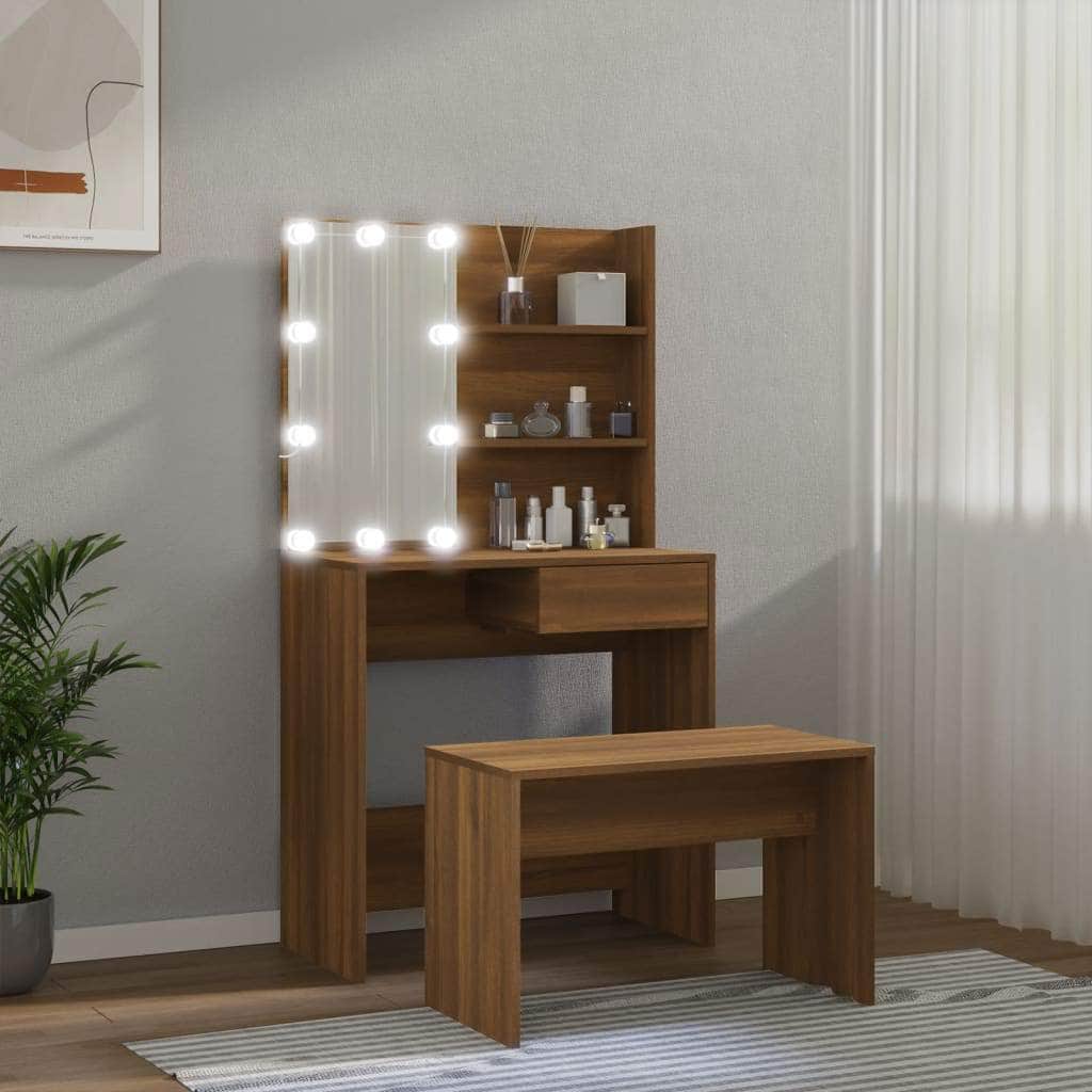 Dressing Table Set with LED Oak Engineered Wood