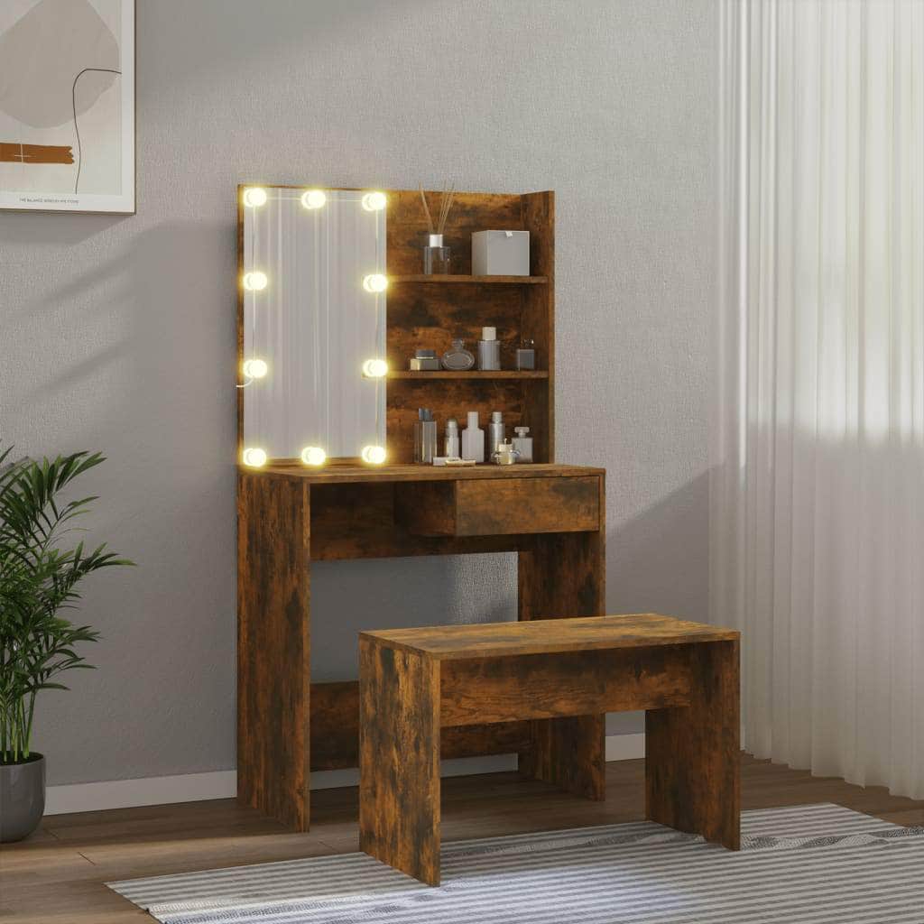 Dressing Table Set with LED Smoked Engineered Wood