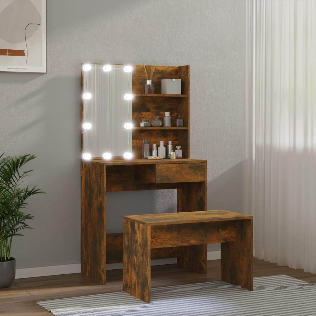 Dressing Table Set with LED Smoked Engineered Wood