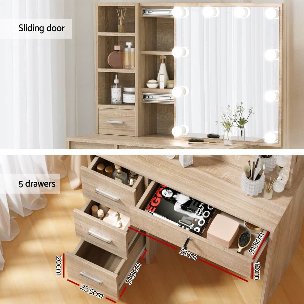 Dressing Table Set with Stool and 10 LED Bulbs, Elegant Wooden - Stylish Design | Wooden finish