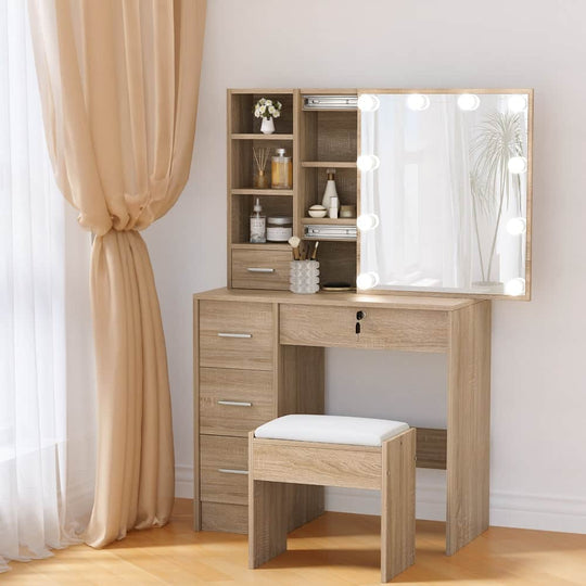 Dressing Table Set with Stool and 10 LED Bulbs, Elegant Wooden - Stylish Design, Wooden finish