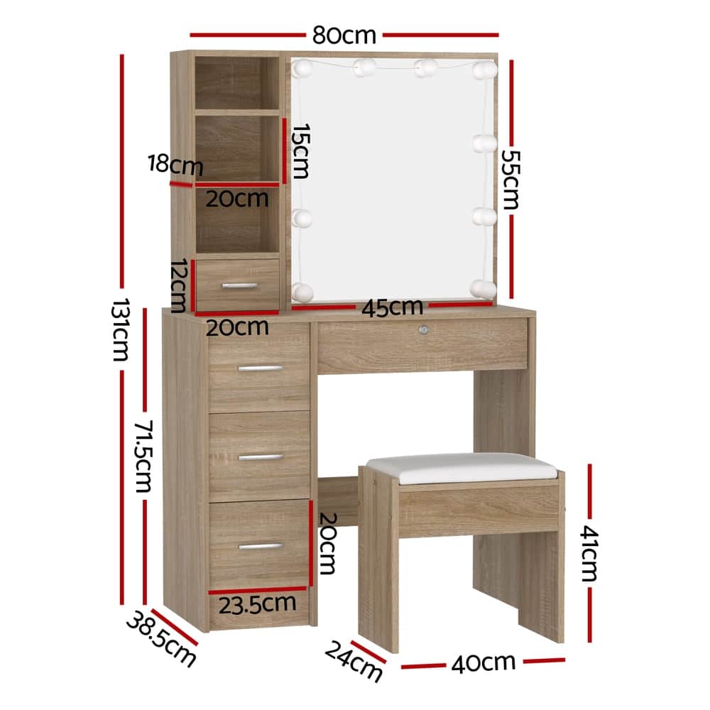 Wooden finish - Dressing Table Set with Stool and 10 LED Bulbs, Elegant Wooden - Stylish Design
