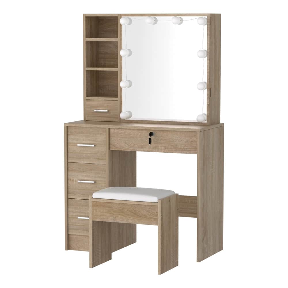 Dressing Table Set with Stool and 10 LED Bulbs, Elegant Wooden - Stylish Design