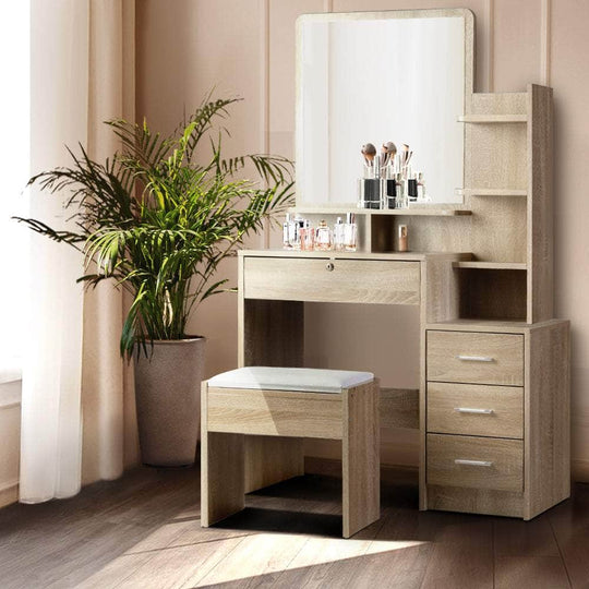 Dressing Table Mirror Stool Set Vanity Makeup Desk-Oak