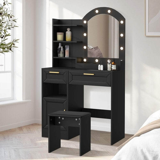 Dressing Table Stool Set Arch Mirror 12 LED Bulbs Black with Dressing Table