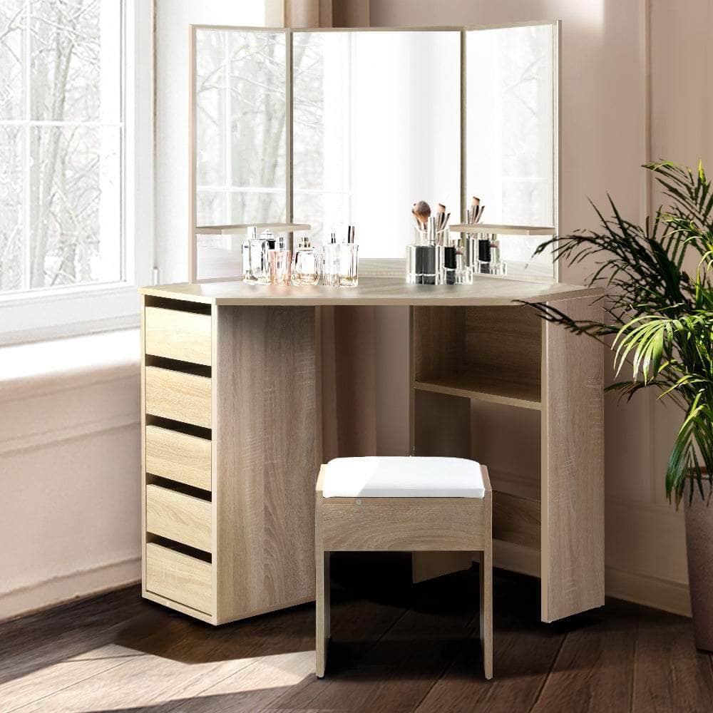 Luxurious Corner Dressing Table Mirror Stool Set Makeup Vanity Desk-Oak on Afterpay | ZipPay | LayBuy | Klarna