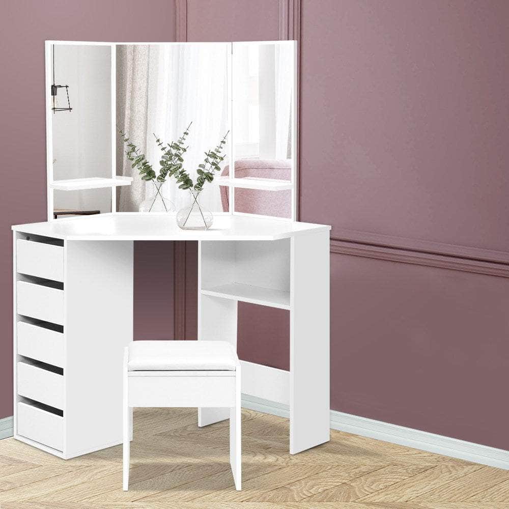 Corner Dressing Table With Makeup  Mirror & Stool White