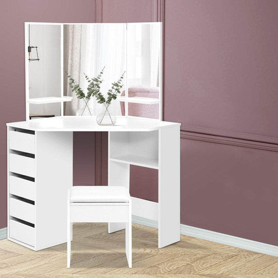 Corner Dressing Table With Makeup  Mirror & Stool White