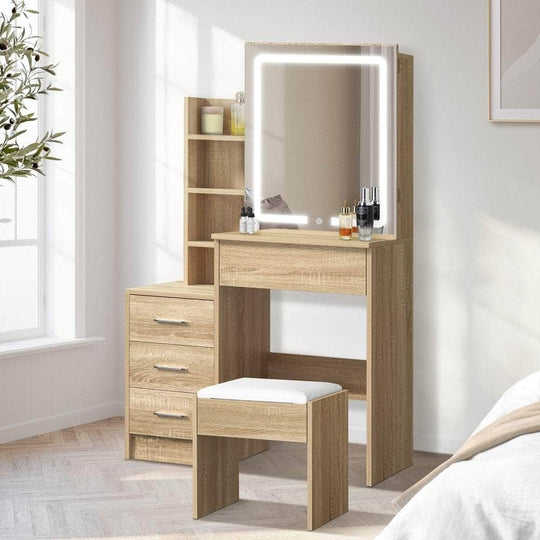Dressing Table Stool Set LED Slide Mirror (Black/Natural/White) - Black colour