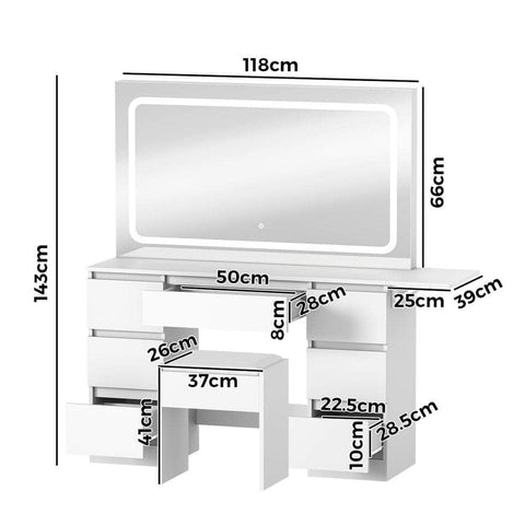 Dressing Table Stool Set with LED Makeup Mirror 7 Drawers