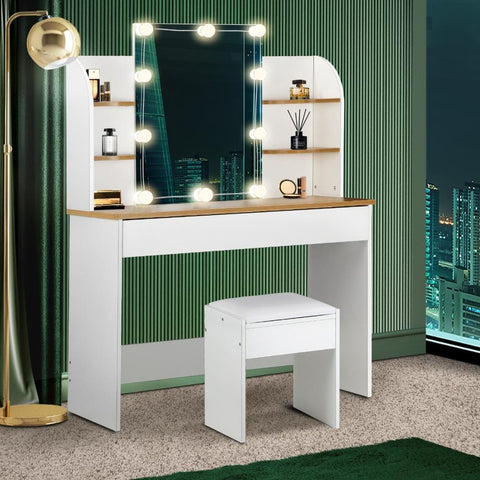 Dressing Table Stool Set with Makeup Mirror and 10 LED Bulbs-Black\White