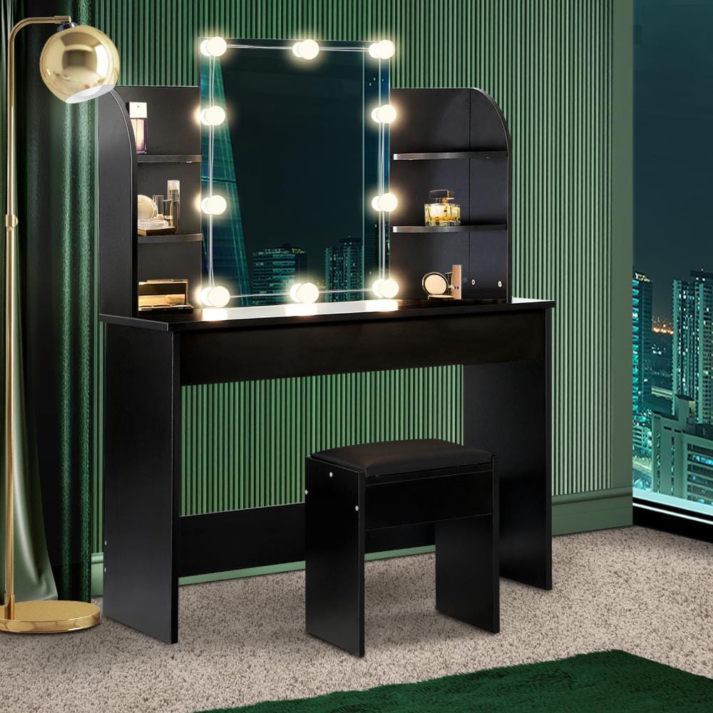 Dressing Table Stool Set with Makeup Mirror and 10 LED Bulbs-Black\White