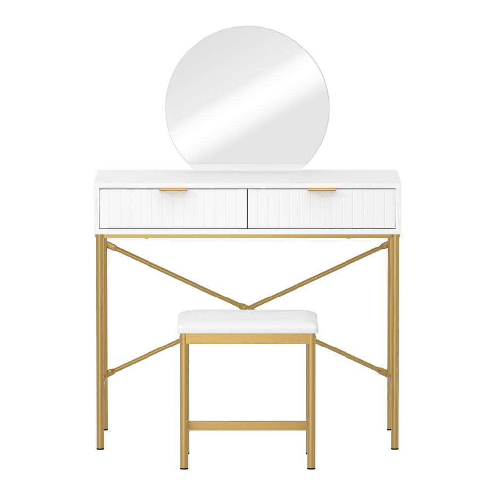Dressing Table Stool Set with Mirror 2 Drawers White & Gold