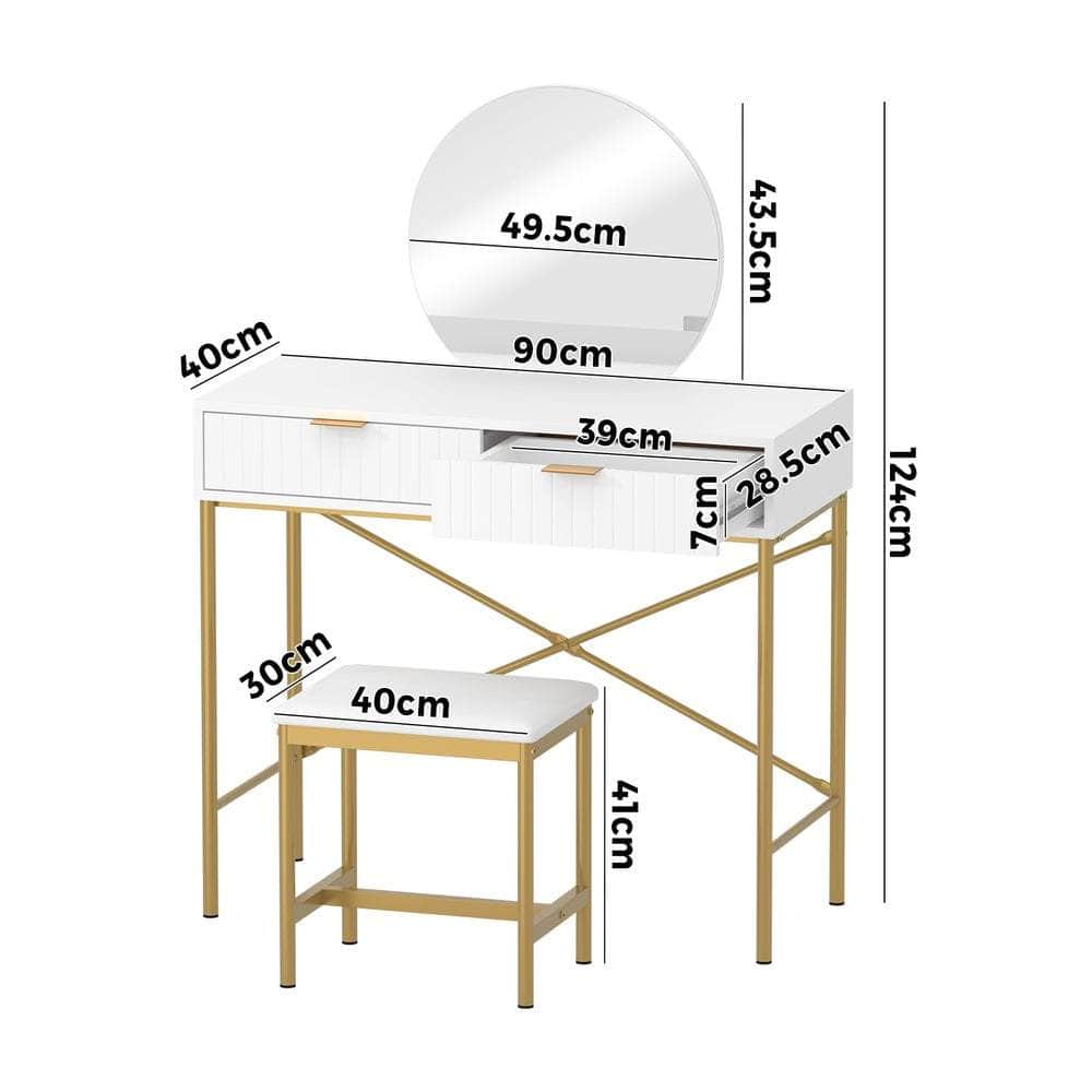 Dressing Table Stool Set with Mirror 2 Drawers White & Gold