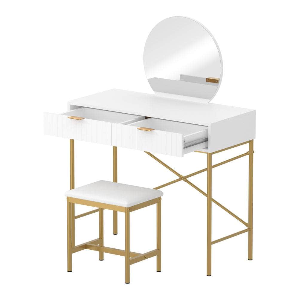 Dressing Table Stool Set with Mirror 2 Drawers White & Gold