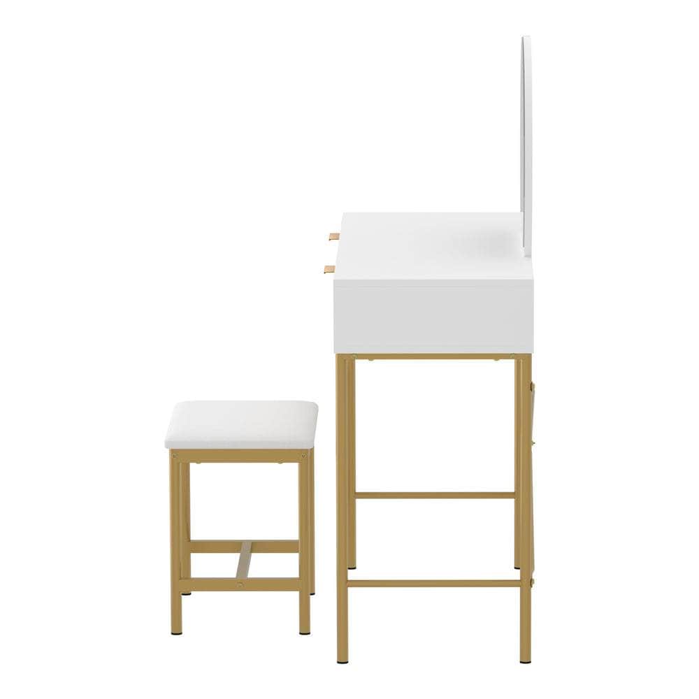 Dressing Table Stool Set with Mirror 2 Drawers White & Gold