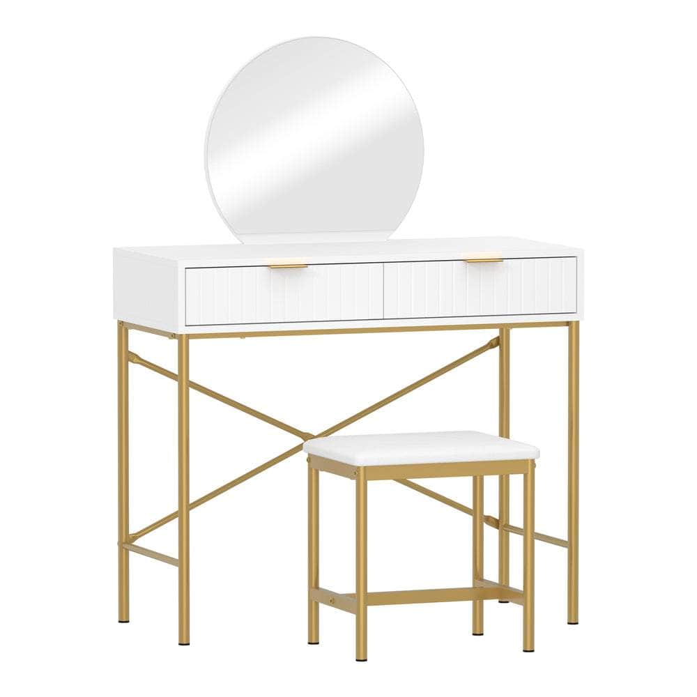 Dressing Table Stool Set with Mirror 2 Drawers White & Gold