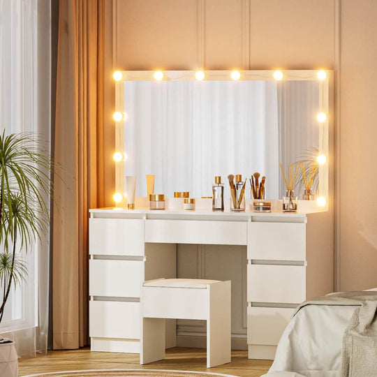 Dressing Table Vanity Desk Set Stool 12 Led Bulbs White, White colour