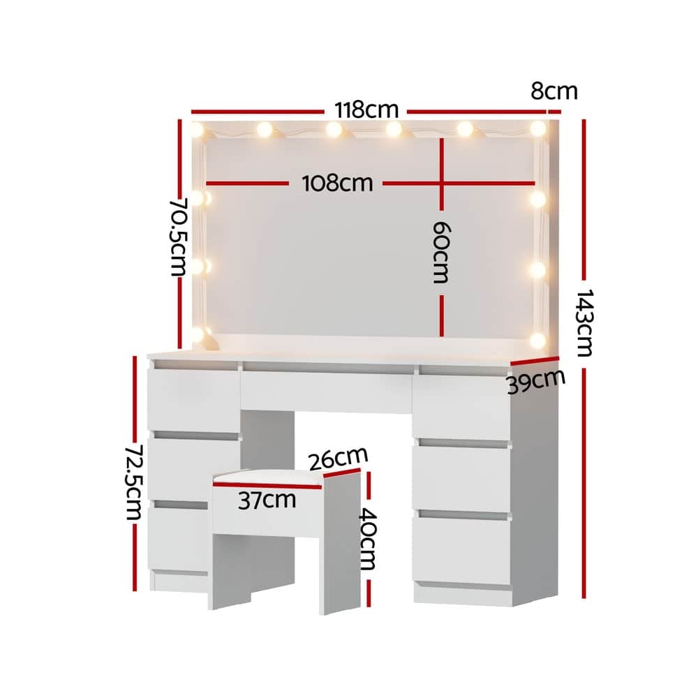 White colour - Dressing Table Vanity Desk Set Stool 12 Led Bulbs White