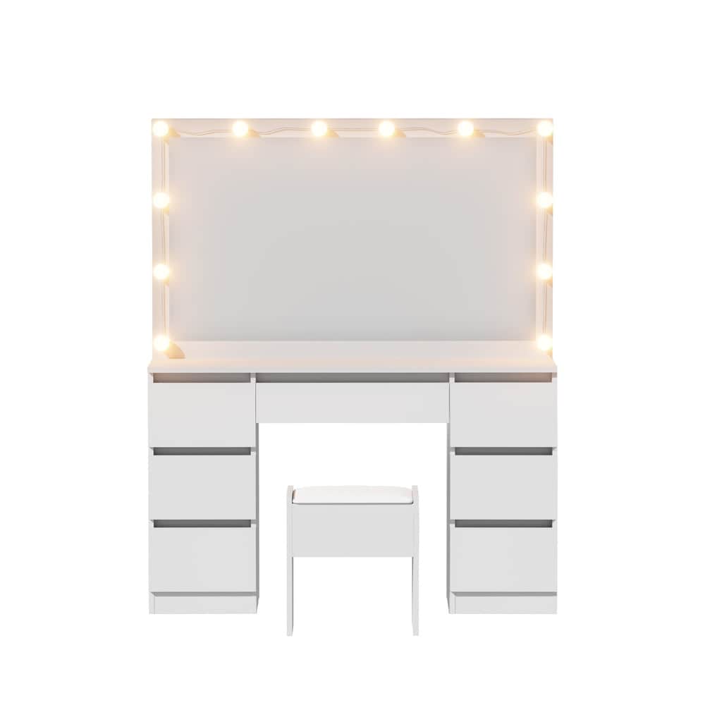 Dressing Vanity & Dressing Tables - Dressing Table Vanity Desk Set Stool 12 Led Bulbs White