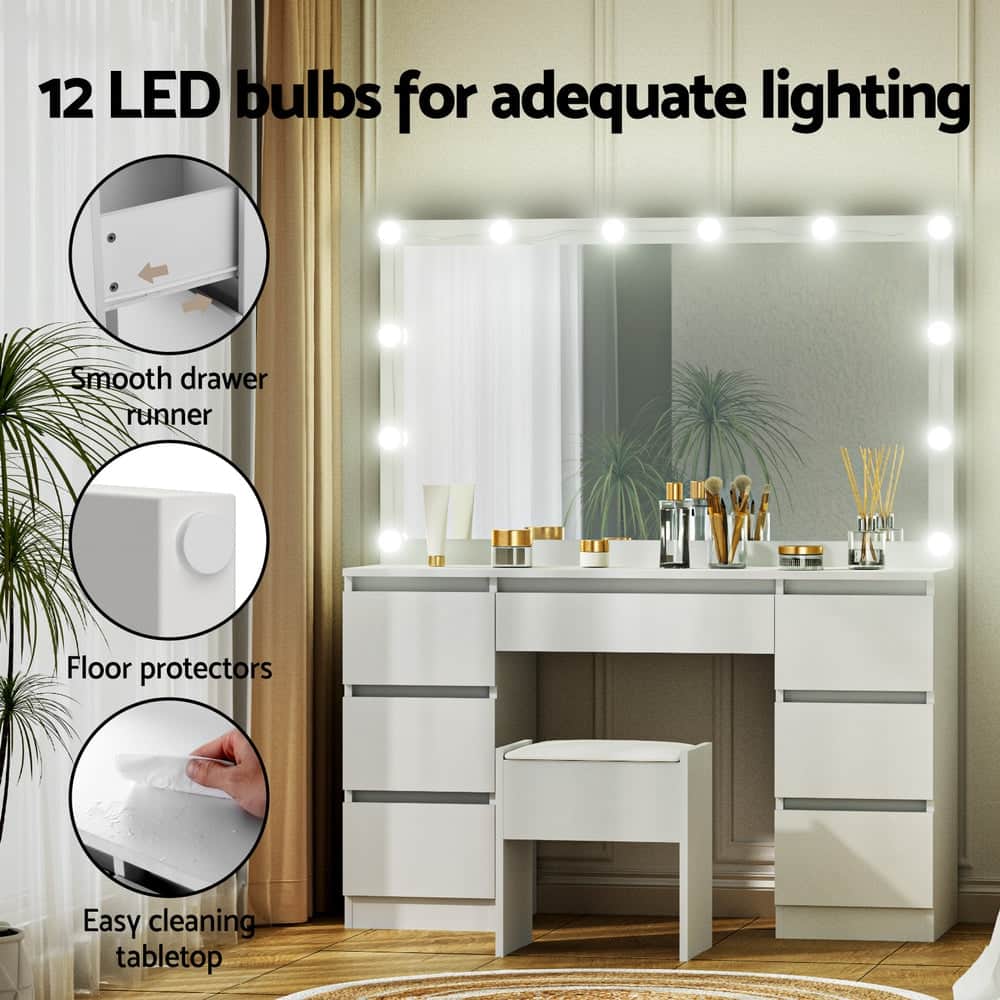 Dressing Table Vanity Desk Set Stool 12 Led Bulbs White, Dressing Vanity & Dressing Tables