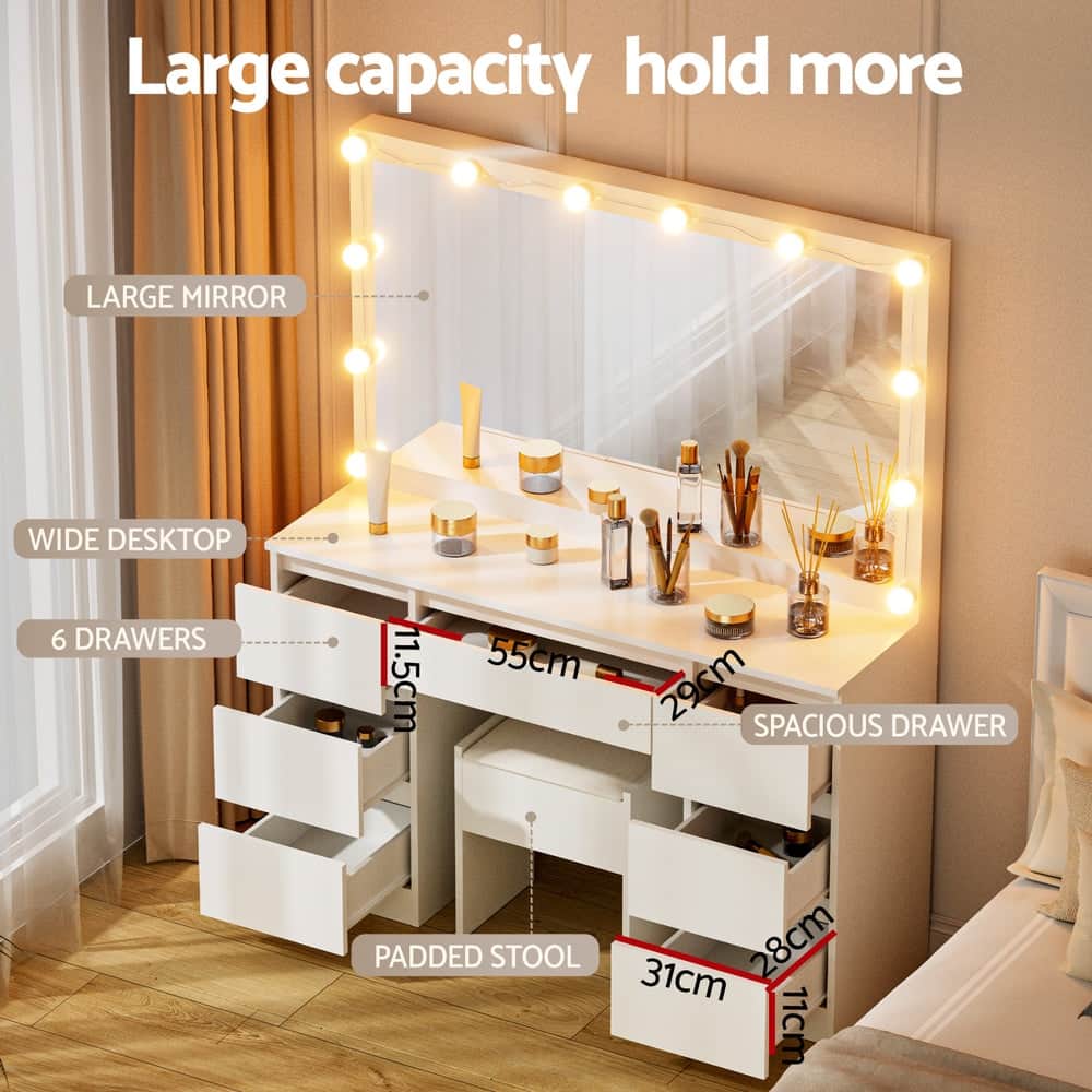 Dressing Table Vanity Desk Set Stool 12 Led Bulbs White | White colour
