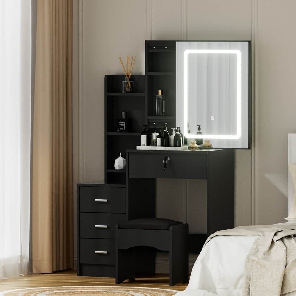 Dressing Table Vanity Desk Set Stool Led Black with Dressing Vanity & Dressing Tables