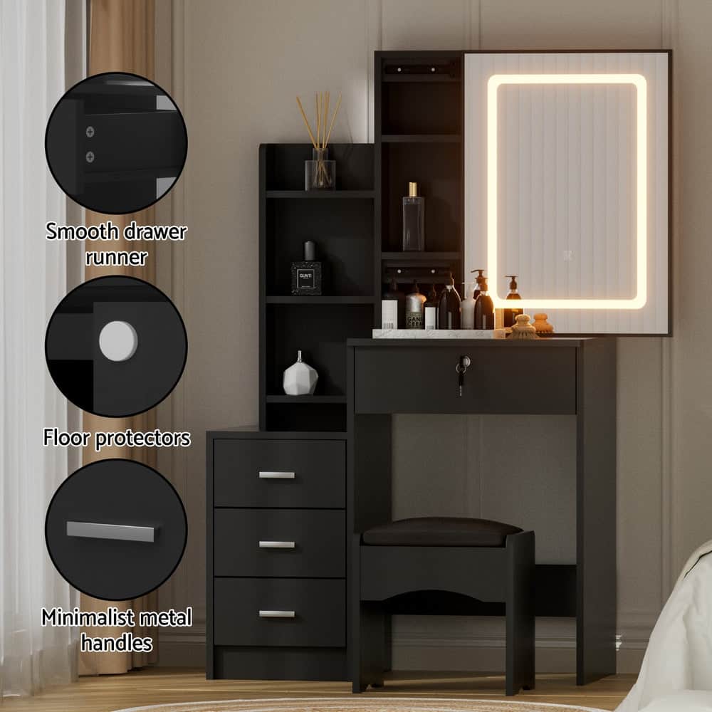 Dressing Table Vanity Desk Set Stool Led Black, Black colour