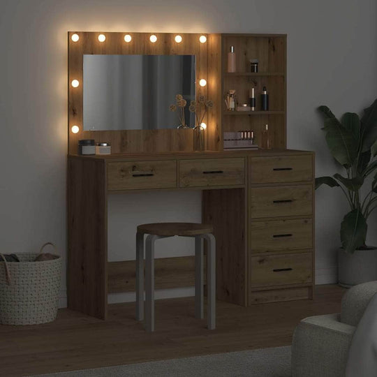Dressing Table - Dressing Table with LED Lights Drawer Shelf Engineered Wood Makeup Vanity Desk Brown