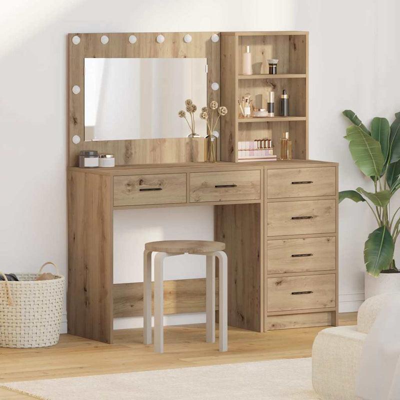 Dressing Table with LED Lights Drawer Shelf Engineered Wood