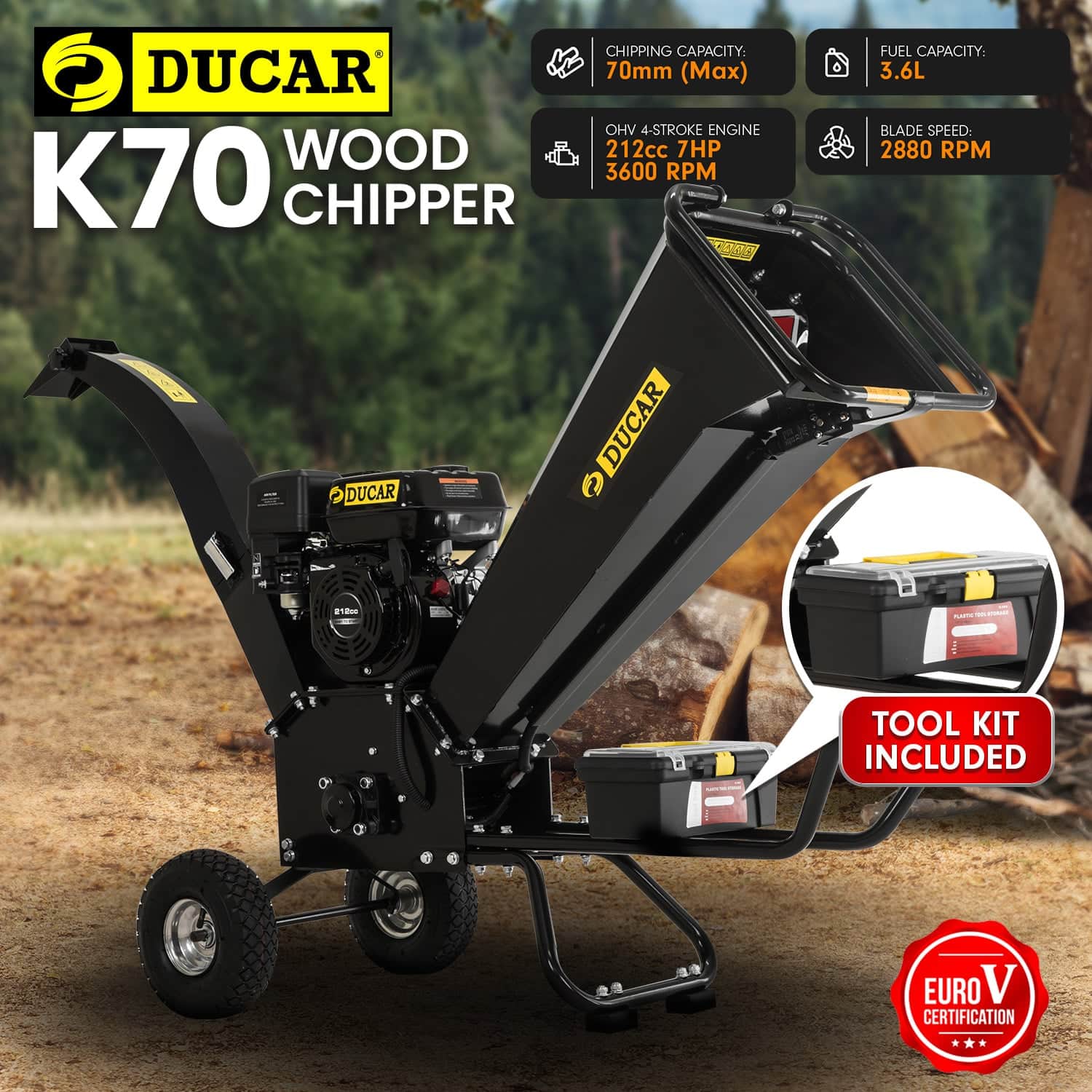 Ducar K70 7HP Wood Chipper Shredder Mulcher Grinder Petrol Black Garden